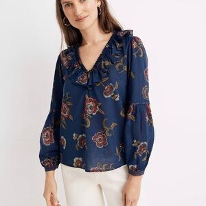Madewell x Warm Ruffle-Collar Top Honolulu Hibiscus Navy Floral Women’s S